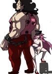  1boy 1girl absurdres black_hair blue_eyes breasts chain choker cleavage curly_hair final_fight hat height_difference highres hugo_andore long_hair makai midriff muscle peaked_cap pink_hair poison_(final_fight) red_shoes riding_crop shoes smile street_fighter street_fighter_iii tank_top tubetop 