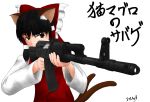  1girl aiming ak-74 ak-74m animal_ears assault_rifle bow brown_eyes brown_hair cat_ears cat_tail detached_sleeves foreshortening gun hair_bow hair_tubes hakurei_reimu kemonomimi_mode long_hair mikichosu multiple_tails rifle signature solo tail touhou translation_request weapon 