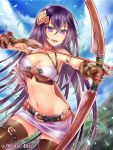  1girl angelmaster bow_(weapon) breasts long_hair navel neme official_art purple_hair smile solo thighhighs violet_eyes weapon 