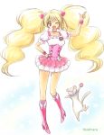  1girl akihara_ryou animal artist_name blonde_hair blush boots cure_peach doughnut dress english eyelashes ferret fresh_precure! hair_ornament happy heart heart_hair_ornament high_heels knee_boots kneehighs long_hair looking_at_viewer magical_girl mascot momozono_love one_eye_closed open_mouth pink_dress pink_eyes pink_legwear precure smile solo standing tart_(fresh_precure!) twintails wink wrist_cuffs 