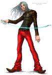  1boy flares green_eyes green_hair jewelry leather_jacket lividvelvet long_hair omega_symbol pants pointy_shoes remy ring signature solo street_fighter street_fighter_iii street_fighter_iii:_3rd_strike twitter_username 