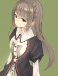  1girl atelier_(series) atelier_escha_&amp;_logy braid brown_eyes brown_hair expressionless french_braid green_background jacket linca_(atelier) long_hair nid_(r1ches) solo 
