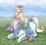  1girl animal_ears ankle_cuffs bare_shoulders blonde_hair bouquet breasts bridal_veil centaur cleavage dress field flower hair_flower hair_ornament hooves horse_ears large_breasts low_twintails monorus monster_girl monster_girl_encyclopedia sitting solo tail twintails unicorn unicorn_(monster_girl_encyclopedia) v_arms veil wedding_dress 