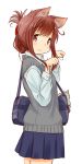  1girl alternate_costume animal_ears bag brown_eyes brown_hair cat_ears folded_ponytail highres inazuma_(kantai_collection) kantai_collection looking_at_viewer pleated_skirt retsu_maru school_bag school_uniform skirt solo sweater_vest white_background 