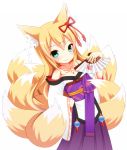  1girl animal_ears bangs bare_shoulders blonde_hair blush bow commentary_request cowboy_shot fan fox_ears fox_tail green_eyes hair_ornament highres holding japanese_clothes kimono kitsune long_hair looking_at_viewer mon-musu_quest! monster_girl multiple_tails nekotechno payot simple_background smile solo tail tamamo_(mon-musu_quest!) tattoo white_background 