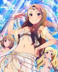  3girls ;) artist_request blonde_hair blue_eyes bracelet brown_hair circlet emily_stuart gem hand_on_hip idolmaster idolmaster_million_live! jewelry long_hair midriff minase_iori multiple_girls navel official_art one_eye_closed pink_eyes short_hair smile suou_momoko twintails violet_eyes wink 