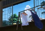  1girl brown_hair clothes_hanger clouds crane hat i-401_(kantai_collection) imai_tetsuya kantai_collection one-piece_swimsuit school_swimsuit sky solo swimsuit window 