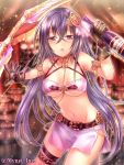  1girl angelmaster blush bow_(weapon) breasts long_hair looking_at_viewer navel neme official_art purple_hair solo thighhighs violet_eyes weapon 