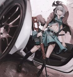  1girl adapted_costume assault_rifle belt car ferrari ferrari_458_italia grey_eyes gun hair_ribbon handgun holster hood katana konpaku_youmu midriff motor_vehicle navel ribbon rifle shirt silver_hair skirt solo sword terabyte_(rook777) touhou vehicle vest watch watch weapon 