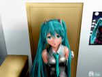  1girl aqua_eyes aqua_hair arms_behind_back blake breasts colored_eyelashes dated detached_sleeves door doorknob hair_ornament hatsune_miku long_hair looking_at_viewer necktie open_mouth poster_(object) shelf signature skirt solo twintails very_long_hair vocaloid 