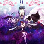  4girls akemi_homura akuma_homura argyle argyle_legwear black_hair blanket bow bow_(weapon) braid choker closed_eyes closed_mouth dark_orb_(madoka_magica) dress elbow_gloves feathered_wings flower funeral_dress gears glasses gloves hair_bow hair_ribbon hairband highres honegumi long_hair lying mahou_shoujo_madoka_magica mahou_shoujo_madoka_magica_movie multiple_girls multiple_persona on_back red-framed_glasses ribbon semi-rimless_glasses soul_gem spider_lily spoilers star_(sky) tagme thigh-highs twin_braids under-rim_glasses violet_eyes weapon wings 