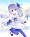  1girl blue_eyes blush fairy_wings gloves harem_gain looking_at_viewer momoyama_momo official_art open_mouth outdoors pantyhose side_ponytail silver_hair smile snow solo wings 