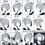  1girl angry blood blush chart clenched_hand expressionless expressions facial_expressions glaring gloves hair_ornament hetza_(hellshock) highres kantai_collection looking_at_viewer looking_down monochrome personification ponytail punching school_uniform shiranui_(kantai_collection) short_hair smile smirk sneer solo surprised sweat tears translated 