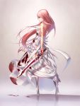  1girl backless blood blood_on_breasts blood_splatter bloody_clothes breasts full_body high_heels highres long_hair luen_kulo original pink_hair profile red_eyes reflection sideboob solo sword thigh-highs very_long_hair weapon white_legwear 