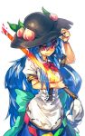  1girl blue_hair bow dress food fruit hand_on_headwear hat hinanawi_tenshi long_hair peach red_eyes smile solo sun_hat sword_of_hisou temmasa22 touhou very_long_hair weapon 