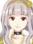  1girl aida_yuu beyond_the_nobles choker flower flower_on_head fur_trim hair_ornament hairband idolmaster looking_at_viewer portrait shijou_takane silver_hair simple_background smile solo violet_eyes wavy_hair 