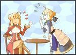  2girls ahoge arguing armor armored_dress blonde_hair braid breastplate breasts cleavage cleavage_cutout crossed_arms dual_persona epaulettes fate/extra fate/stay_night fate_(series) faulds french_braid gloves greaves green_eyes hair_bun hair_ribbon multiple_girls ribbon saber saber_extra showgirl_skirt sitting table tthal 