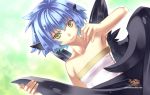  1girl 2010 agarest_senki agarest_senki_(series) armpits bare_shoulders black_wings blue_hair company_name copyright_name dutch_angle game_cg green_background highres hirano_katsuyuki murmina official_art shirt short_hair smile solo wings yellow_eyes 