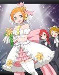  3girls ^_^ black_pants blush bowtie brown_hair closed_eyes dress earrings flower formal gloves hoshizora_rin jewelry kidachi koizumi_hanayo long_sleeves love_live!_school_idol_project multiple_girls nishikino_maki open_mouth orange_hair redhead short_hair smile sparkle standing suit thighhighs veil white_dress white_gloves white_legwear yellow_eyes 