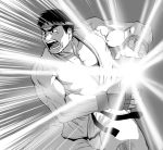  1boy dougi energy_ball facial_hair fingerless_gloves gloves hadouken headband katou_jun monochrome muscle ryuu_(street_fighter) solo street_fighter stubble 