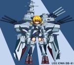  1girl anchor battleship bike_shorts blonde_hair boots cannon crossed_arms flat_chest highres mecha_musume omu_zukin original personification short_hair short_twintails smile solo turret twintails us_navy uss_iowa_(bb-61) yellow_eyes zipper 