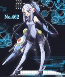  1girl arm_cannon bodysuit elbow_gloves gloves hair_ornament hairclip high_heels magnezone minatsuki@taboonitsukishooshitsuuchuu number open_mouth personification pokemon pokemon_(game) red_eyes silver_hair solo thighhighs weapon 