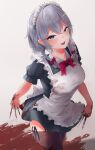  1girl :d absurdres apron bangs black_dress black_legwear blood bloody_clothes bloody_hands bow braid bright_pupils dress grey_eyes grey_hair hair_bow highres izayoi_sakuya looking_at_viewer maid maid_headdress open_mouth pink_bow short_sleeves side_braids smile solo standing tabey0u thigh-highs touhou twin_braids white_pupils 