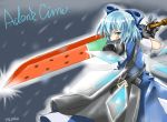 1girl advent_cirno blue_eyes blue_hair bow character_name cirno dress food fruit gloves ice ice_wings longmei_er_de_tuzi short_hair solo sword touhou watermelon weapon wings 