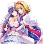  2girls alice_margatroid alternate_costume blonde_hair blue_dress blue_eyes book breasts capelet cleavage collarbone crescent dress hair_ribbon hairband hand_on_shoulder hat jewelry large_breasts layered_dress long_hair masa_(miyabitei) multiple_girls necklace patchouli_knowledge pendant purple_dress purple_hair ribbon simple_background smile strapless_dress touhou tress_ribbon very_long_hair violet_eyes white_background wrist_cuffs 