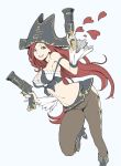  1girl artist_request bare_shoulders blue_eyes boots breasts detached_sleeves dual_wielding gun handgun hat heart high_heel_boots high_heels large_breasts league_of_legends long_hair looking_at_viewer midriff navel open_mouth pinky_out pirate_hat pistol redhead sarah_fortune simple_background smile solo very_long_hair weapon white_background 
