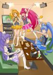  4girls aino_megumi blonde_hair blue_hair boots crown cure_fortune cure_honey cure_lovely cure_march cure_princess drinking french_fries glass grin happinesscharge_precure! high_heels highres hikawa_iona instrument karaoke maracas microphone midorikawa_nao mini_crown multiple_girls oomori_yuuko pink_hair ponytail precure purple_hair shirayuki_hime singing sitting smile smile_precure! straw thigh-highs thigh_boots twintails violet_eyes yellow_eyes yorudo_kaoru zettai_ryouiki 