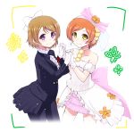  2girls black_pants blush bow bowtie brown_hair dress earrings formal gloves hair_bow hoshizora_rin interlocked_fingers jewelry koizumi_hanayo long_sleeves looking_at_viewer love_live!_school_idol_project multiple_girls nanotsuki orange_hair pants short_hair smile suit thigh-highs violet_eyes white_background white_dress white_gloves white_legwear yellow_eyes 