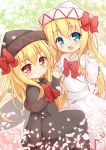  2girls baku_ph black_dress blonde_hair blue_eyes bow capelet dress dual_persona fairy_wings hat hat_bow holding_hands lily_black lily_white long_hair long_sleeves looking_at_viewer multiple_girls open_clothes open_jacket petals red_eyes smile touhou very_long_hair white_dress wings 
