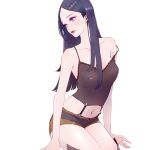  1girl black_hair blue_eyes caitlyn_(league_of_legends) heather37 highres league_of_legends lipstick long_hair makeup navel red_lipstick shorts solo tank_top white_background 