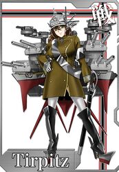  1girl armband battleship boots breasts brown_hair cannon enu_(mekakichi) green_eyes helmet high_heels highres iron_cross kantai_collection knee_boots kriegsmarine long_coat long_hair original personification pickelhaube saber_(weapon) sash sheath sheathed solo swastika sword thigh-highs tirpitz translated turret weapon 