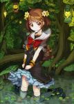  1boy blush brown_eyes brown_hair crossdressinging dress dress_tug hair_ornament hairband kneeling lantern leaf looking_at_viewer male original partially_submerged qurare_magic_library riccae short_hair smile solo thighhighs trap water 