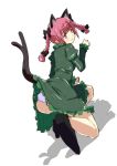  1girl animal_ears back blush bow braid cat_ears cat_tail cl_(h-sys.) dress dress_lift frilled_dress frills green_dress hair_bow hair_ornament kaenbyou_rin kneeling long_sleeves looking_back multiple_tails panties paw_pose pointy_ears puffy_sleeves red_eyes redhead shoes simple_background smile solo tail touhou twin_braids underwear white_background 