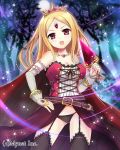 &gt;:o 1girl :o angelmaster blonde_hair dagger full_moon garter_straps harimoji jewelry long_hair looking_at_viewer moon necklace night official_art red_eyes solo third_eye tiara weapon 