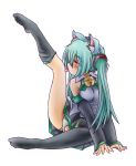  1girl animal_ears arm_support bell cat_ears closed_eyes depo detached_sleeves green_hair hatsune_miku highres jingle_bell leg_up licking long_hair panties sitting skirt solo thigh-highs tongue twintails underwear vocaloid white_background 