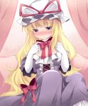  1girl averted_eyes bare_shoulders blonde_hair blush bow canopy_bed dress dress_pull elbow_gloves gloves hammer_(sunset_beach) hat hat_ribbon long_hair mob_cap off_shoulder on_bed purple_dress ribbon sitting sitting_on_bed solo touhou very_long_hair violet_eyes white_gloves yakumo_yukari 