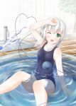  1girl alternate_costume arm_on_head blush breasts brick_floor chocolatemint_(0629gwcs) faucet green_eyes heart heart_of_string highres hose in_water komeiji_koishi looking_at_viewer one-piece_swimsuit one_eye_closed open_mouth outdoors payot short_hair sitting solo swimsuit third_eye touhou tree wading_pool white_hair wink 