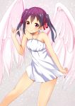  1girl \m/ alternate_costume angel_wings bare_legs bare_shoulders black_hair blush dress hair_ribbon long_hair looking_at_viewer love_live!_school_idol_project ok-ray red_eyes red_ribbon ribbon smile solo standing sundress twintails white_clothes wings yazawa_nico 