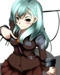  1girl aqua_eyes aqua_hair blazer blouse breasts cannon grey_eyes hair_ornament hairclip kantai_collection long_hair personification skirt smile solo suzuya_(kantai_collection) turret 