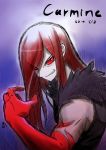  1boy carmine dated elbow_gloves evil_grin evil_smile fur_collar gloves grin hair_over_one_eye long_hair official_art red_gloves redhead smile solo under_night_in-birth 