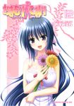  :d absurdres bare_shoulders blue_hair bouquet breasts copyright_name cover cover_page dress floral_background flower hair_ribbon happy highres himari large_breasts long_hair manga_cover matra_milan official_art omamori_himari open_mouth ponytail ribbon scan smile very_long_hair violet_eyes white_dress 