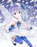  1girl blue_eyes blush fairy_wings gloves harem_gain looking_at_viewer momoyama_momo official_art outdoors side_ponytail silver_hair snow snowing solo thighhighs wings 