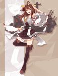  1girl ahoge bare_shoulders blue_eyes boots brown_hair detached_sleeves double_bun hair_ornament hairband headgear highres japanese_clothes kamo_(yokaze) kantai_collection kongou_(kantai_collection) long_hair nontraditional_miko one_eye_closed open_mouth personification pleated_skirt salute skirt solo thigh_boots thighhighs wink zettai_ryouiki 