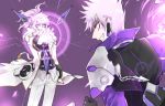  2boys add_(elsword) chain dual_persona elsword energy grin hand_in_pocket jacket long_hair male multiple_boys pants ponytail purple_background smile standing violet_eyes whalebrother white_hair 