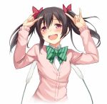  1girl :d \m/ black_hair blush bow bowtie buttons cardigan cat_teaser cccpo double_\m/ hair_bow love_live!_school_idol_project open_mouth red_eyes smile striped striped_bow teeth tickling twintails wavy_mouth white_background yazawa_nico 