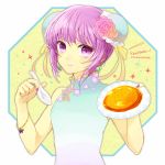  1girl alternate_costume alternate_hairstyle bracelet china_dress chinese_clothes double_bun earrings fingernails flower food hair_flower hair_ornament jewelry peka_chu pink_rose plate purple_hair romaji rose short_hair smile solo sophie_(tales) spoon tales_of_(series) tales_of_graces violet_eyes yellow_background 